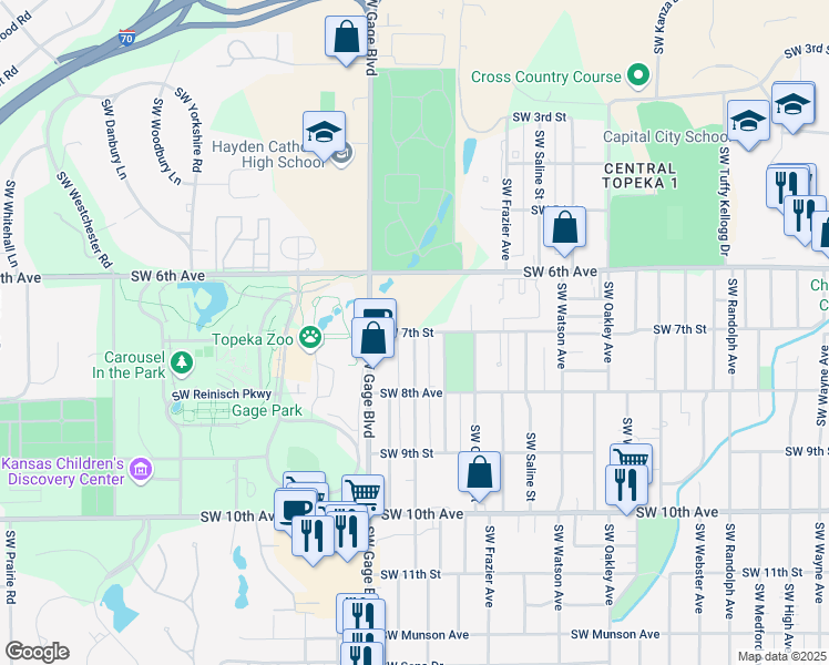 map of restaurants, bars, coffee shops, grocery stores, and more near 3530 Southwest 7th Street in Topeka