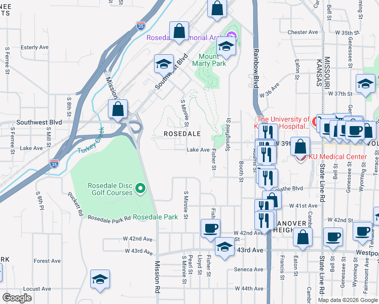 map of restaurants, bars, coffee shops, grocery stores, and more near 3901 South Minnie Street in Kansas City