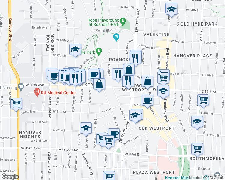 map of restaurants, bars, coffee shops, grocery stores, and more near 3906 Clark Avenue in Kansas City