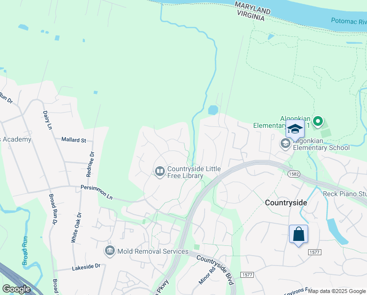 map of restaurants, bars, coffee shops, grocery stores, and more near 16 Darian Court in Sterling