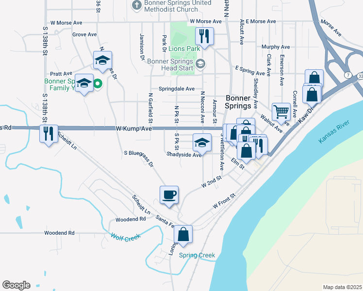 map of restaurants, bars, coffee shops, grocery stores, and more near 241 Coronado Avenue in Bonner Springs