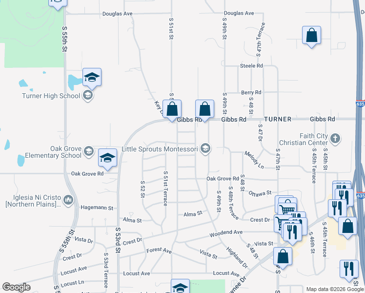 map of restaurants, bars, coffee shops, grocery stores, and more near 5031 Matney Avenue in Kansas City