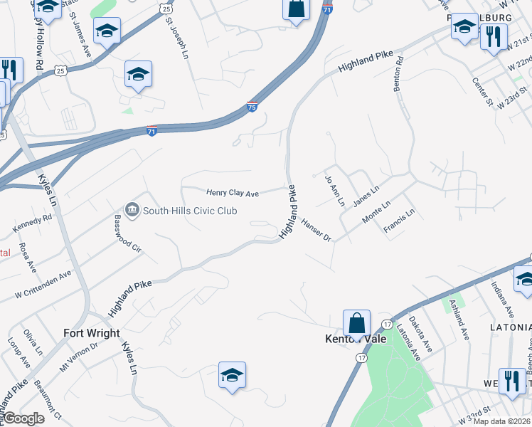 map of restaurants, bars, coffee shops, grocery stores, and more near 1400 Highland Avenue in Fort Wright