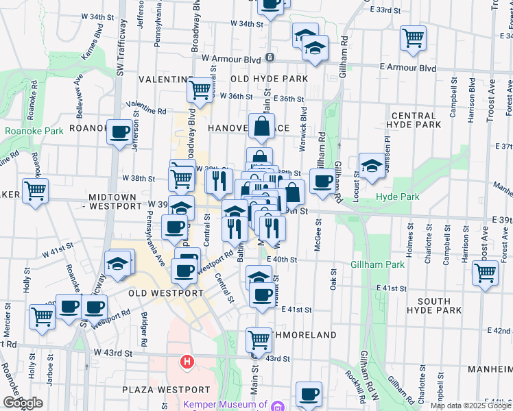 map of restaurants, bars, coffee shops, grocery stores, and more near 3837 Baltimore Avenue in Kansas City