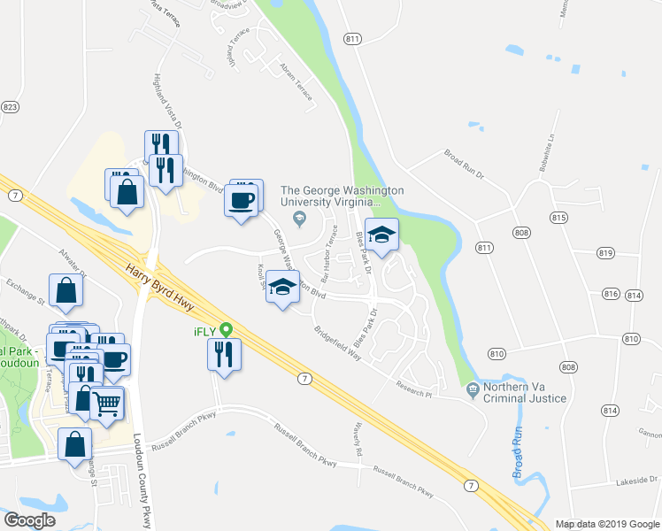 map of restaurants, bars, coffee shops, grocery stores, and more near 20208 Bar Harbor Terrace in Ashburn