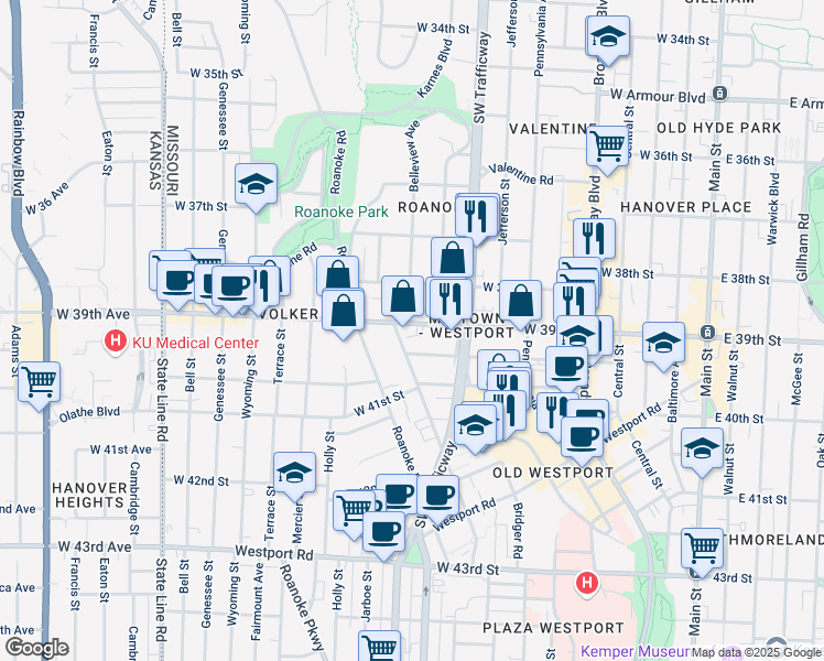 map of restaurants, bars, coffee shops, grocery stores, and more near 835 West 39th Street in Kansas City