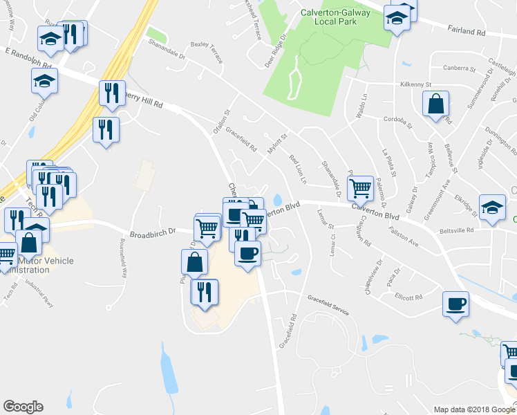 map of restaurants, bars, coffee shops, grocery stores, and more near 12304 Sandy Point Court in Silver Spring