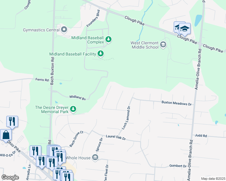 map of restaurants, bars, coffee shops, grocery stores, and more near 1240 Nottingham Road in Amelia