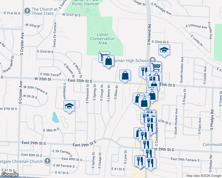map of restaurants, bars, coffee shops, grocery stores, and more near 3511 South Liberty Street in Independence