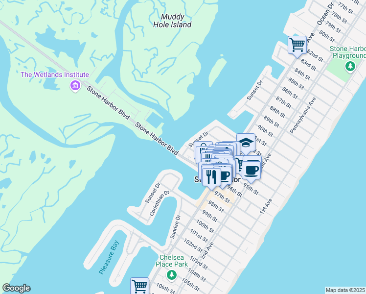 map of restaurants, bars, coffee shops, grocery stores, and more near 9411B Sunset Drive in Stone Harbor