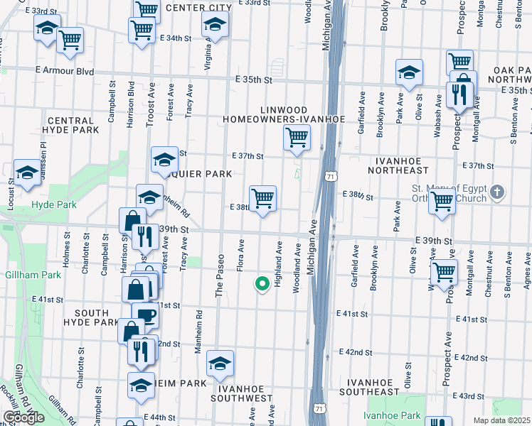 map of restaurants, bars, coffee shops, grocery stores, and more near 1612 East 38th Street in Kansas City