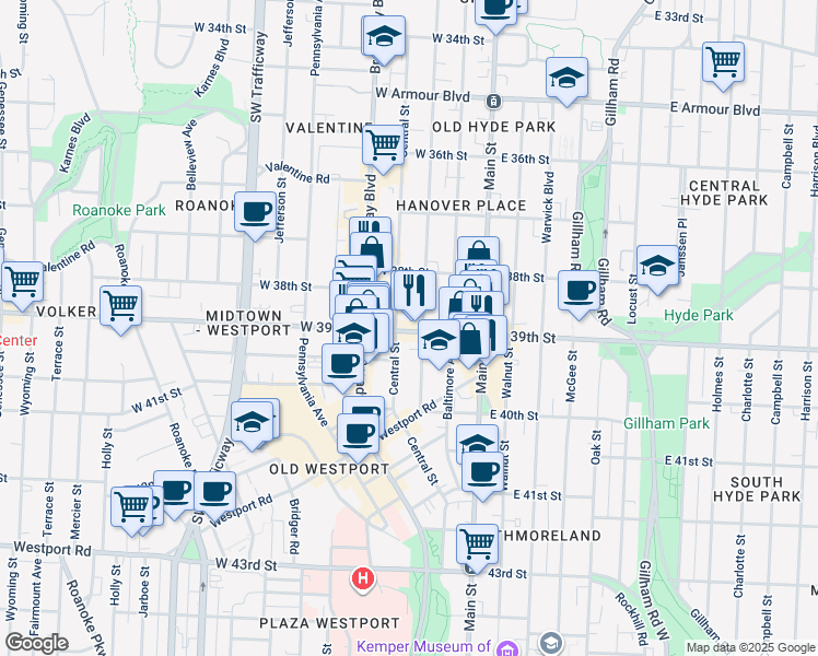 map of restaurants, bars, coffee shops, grocery stores, and more near 3838 Wyandotte Street in Kansas City
