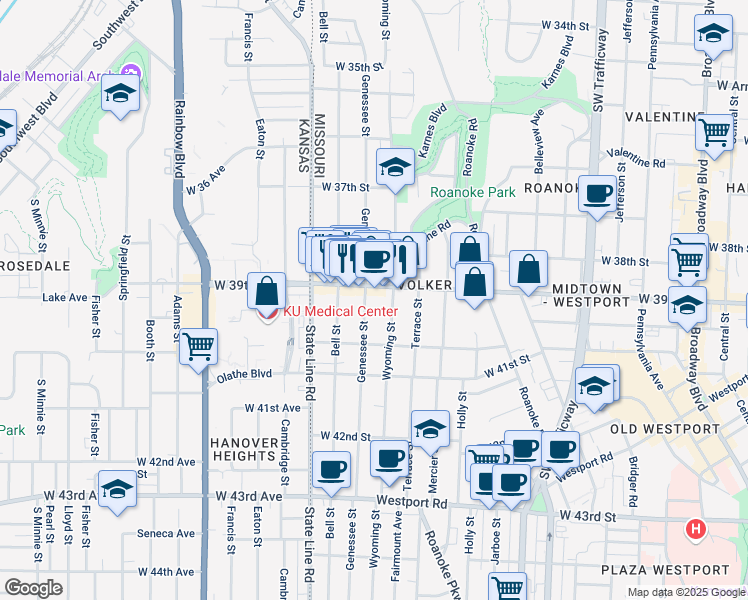 map of restaurants, bars, coffee shops, grocery stores, and more near 1621 West 39th Street in Kansas City