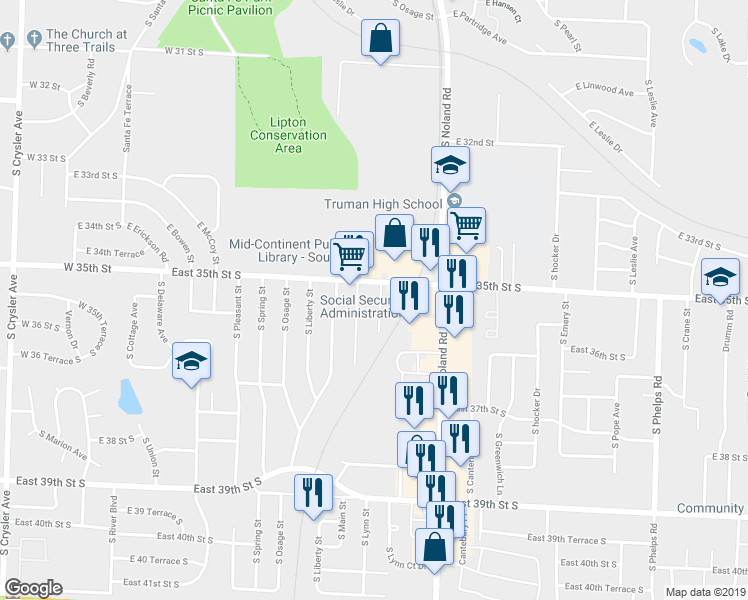 map of restaurants, bars, coffee shops, grocery stores, and more near 13801 East 35th Street Court South in Independence
