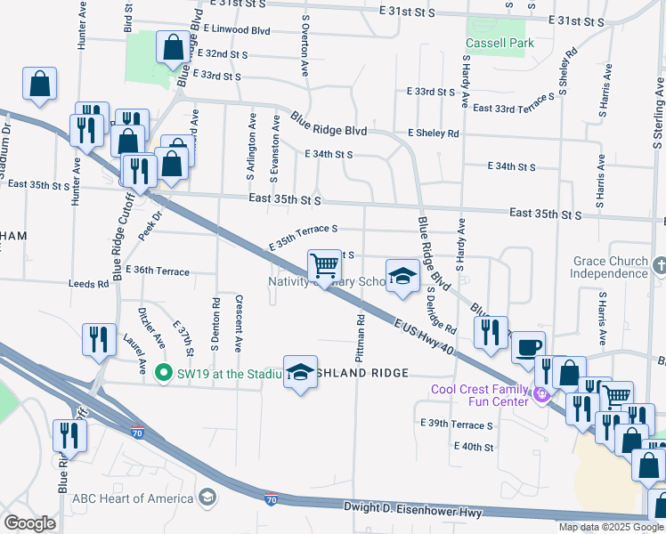 map of restaurants, bars, coffee shops, grocery stores, and more near 9900 East US Highway 40 in Independence