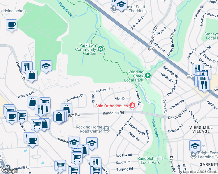map of restaurants, bars, coffee shops, grocery stores, and more near 4903 Stickley Road in Rockville