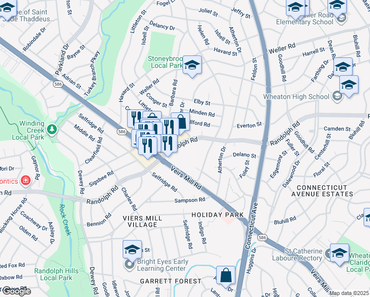 map of restaurants, bars, coffee shops, grocery stores, and more near 4100 Randolph Road in Silver Spring