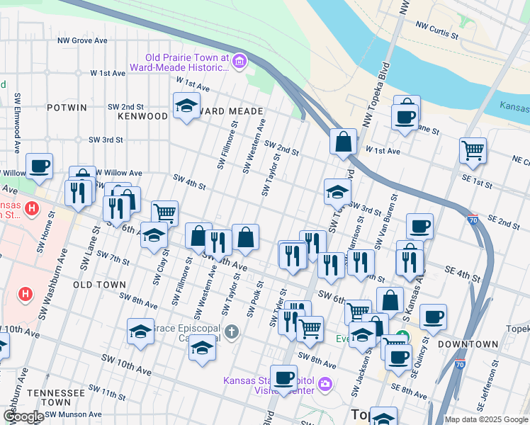 map of restaurants, bars, coffee shops, grocery stores, and more near 400 Southwest Taylor Street in Topeka