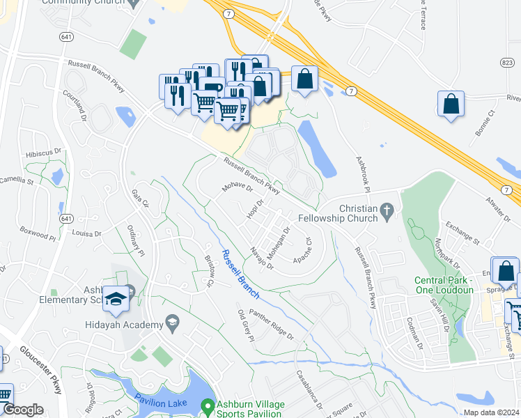 map of restaurants, bars, coffee shops, grocery stores, and more near 44269 Arapaho Terrace in Ashburn