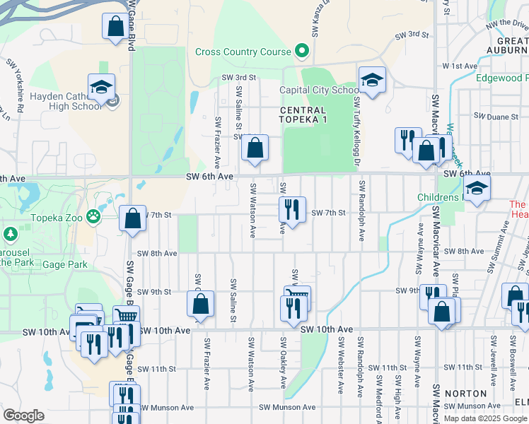 map of restaurants, bars, coffee shops, grocery stores, and more near 3322 Southwest 7th Street in Topeka