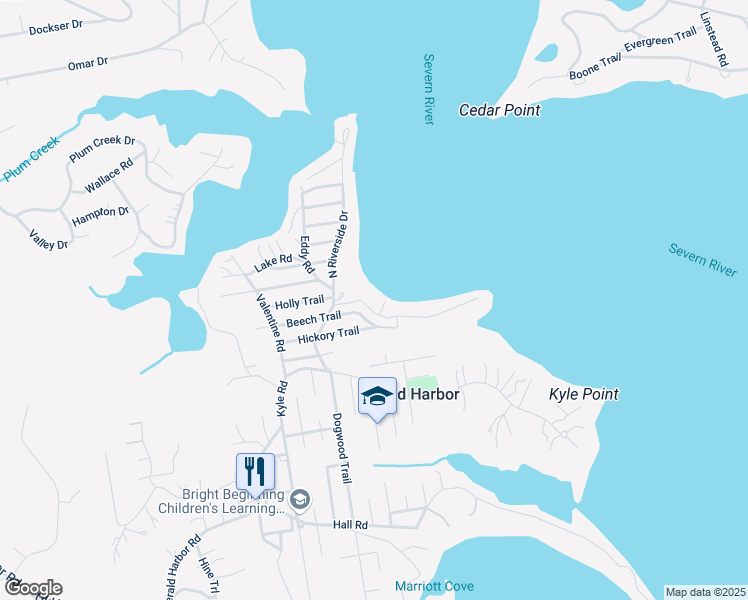 map of restaurants, bars, coffee shops, grocery stores, and more near 360 South Riverside Drive in Crownsville