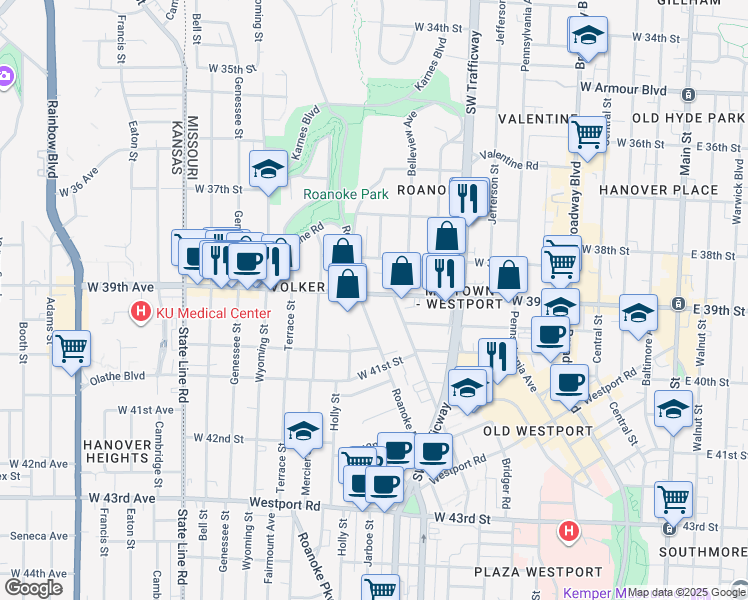 map of restaurants, bars, coffee shops, grocery stores, and more near 1015 West 39th Street in Kansas City