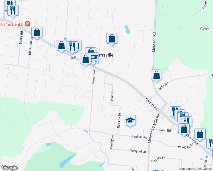 map of restaurants, bars, coffee shops, grocery stores, and more near 3876 Crescent Drive in Cincinnati