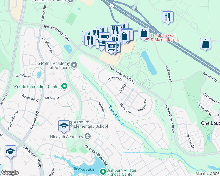 map of restaurants, bars, coffee shops, grocery stores, and more near 44196 Navajo Drive in Ashburn
