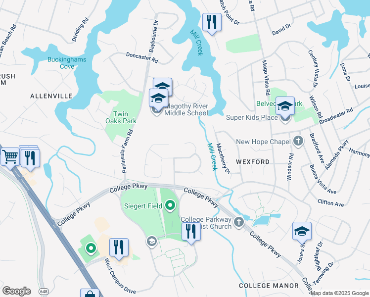 map of restaurants, bars, coffee shops, grocery stores, and more near 220 Via Dante in Arnold