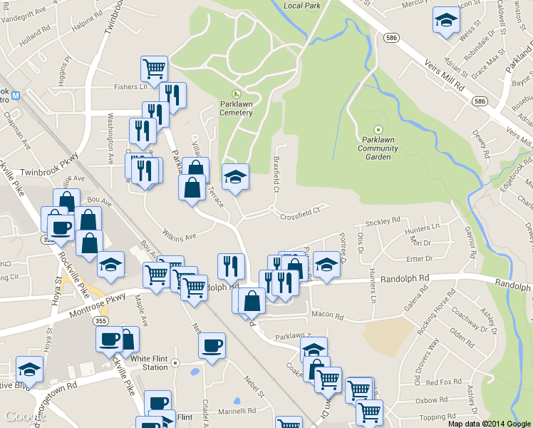 map of restaurants, bars, coffee shops, grocery stores, and more near 12301 Braxfield Court in Rockville
