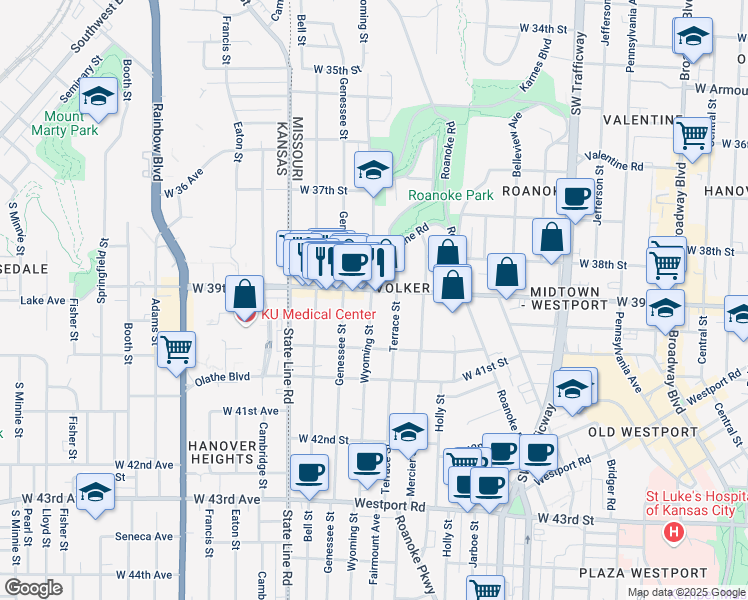 map of restaurants, bars, coffee shops, grocery stores, and more near 3903 Wyoming St in Kansas City
