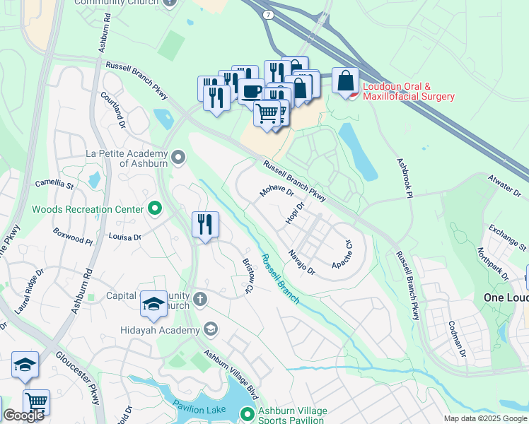 map of restaurants, bars, coffee shops, grocery stores, and more near 44196 Navajo Drive in Ashburn
