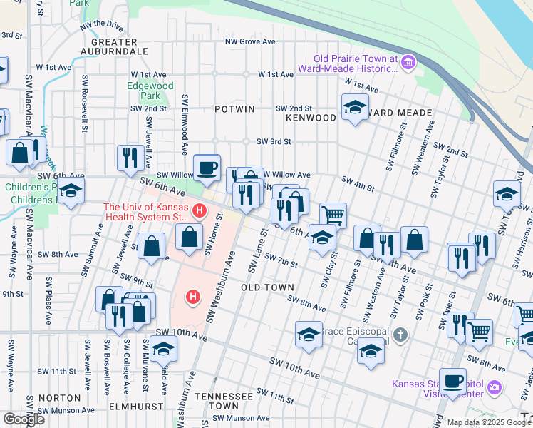 map of restaurants, bars, coffee shops, grocery stores, and more near 1400 Southwest 6th Avenue in Topeka