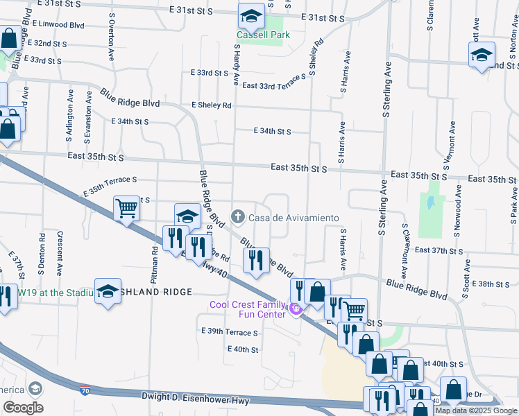 map of restaurants, bars, coffee shops, grocery stores, and more near 3601 South Poplar Avenue in Independence