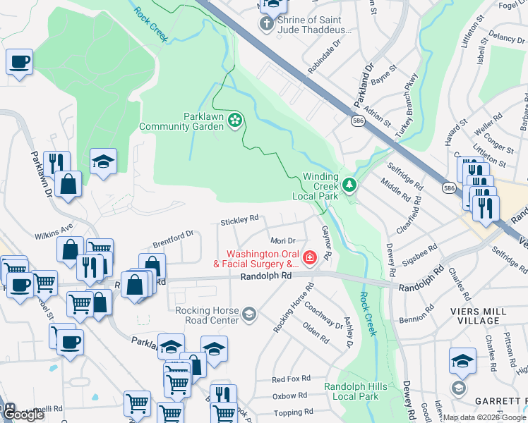 map of restaurants, bars, coffee shops, grocery stores, and more near 4907 Mori Drive in Rockville