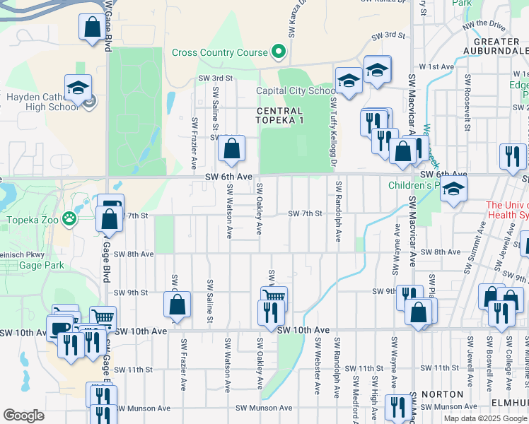 map of restaurants, bars, coffee shops, grocery stores, and more near 642 Southwest Oakley Avenue in Topeka