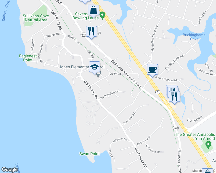 map of restaurants, bars, coffee shops, grocery stores, and more near 111 Brenda Joyce Lane in Severna Park