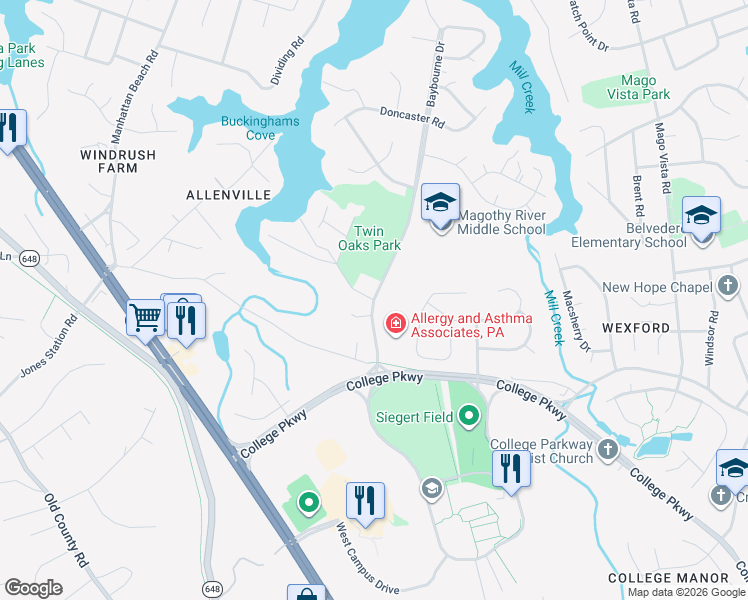 map of restaurants, bars, coffee shops, grocery stores, and more near 299 Peninsula Farm Road in Arnold