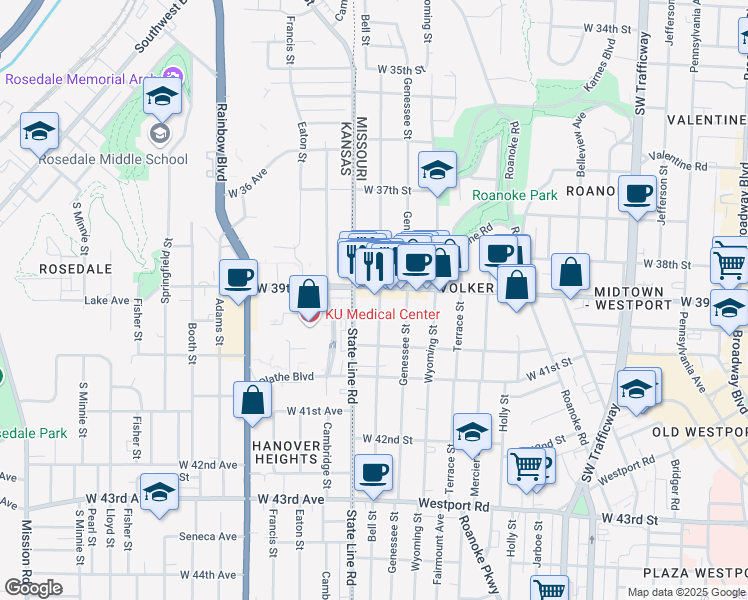 map of restaurants, bars, coffee shops, grocery stores, and more near 3904 Bell Street in Kansas City