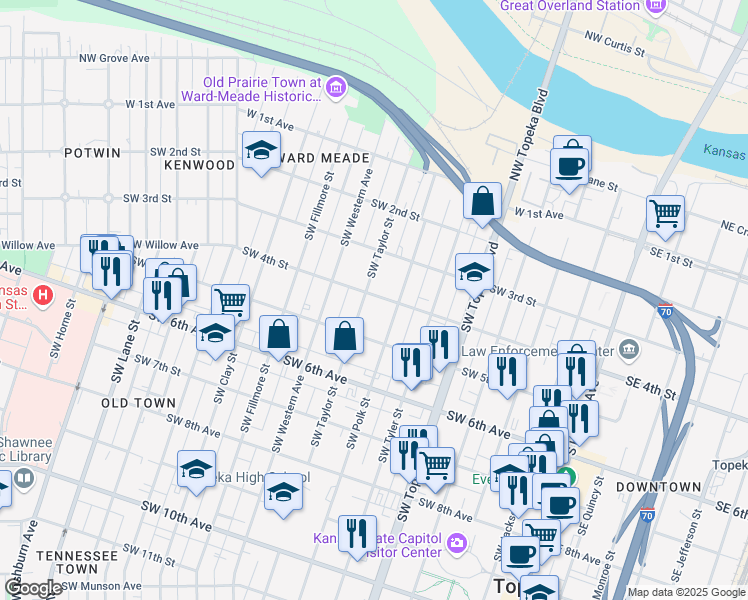 map of restaurants, bars, coffee shops, grocery stores, and more near 400 Southwest Taylor Street in Topeka