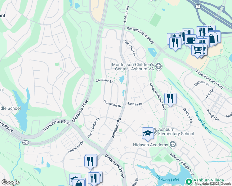 map of restaurants, bars, coffee shops, grocery stores, and more near 43899 Camellia Street in Ashburn