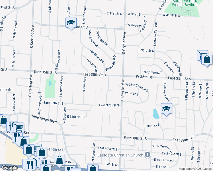 map of restaurants, bars, coffee shops, grocery stores, and more near 3516 Shady Bend Drive in Independence