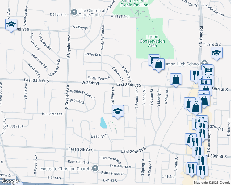map of restaurants, bars, coffee shops, grocery stores, and more near 3509 South Delaware Avenue in Independence