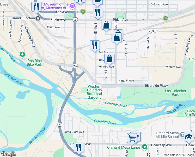 map of restaurants, bars, coffee shops, grocery stores, and more near 1100-1148 South 7th Street in Grand Junction