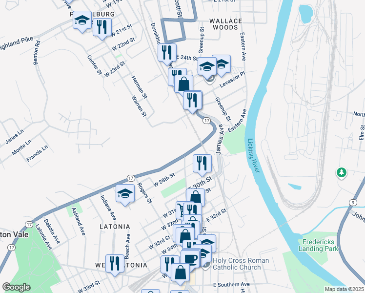 map of restaurants, bars, coffee shops, grocery stores, and more near 2776 Madison Avenue in Covington