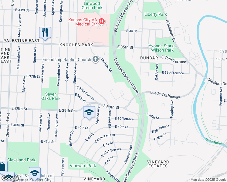 map of restaurants, bars, coffee shops, grocery stores, and more near 3818 Chelsea Drive in Kansas City