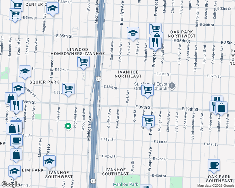 map of restaurants, bars, coffee shops, grocery stores, and more near 3810 Brooklyn Avenue in Kansas City