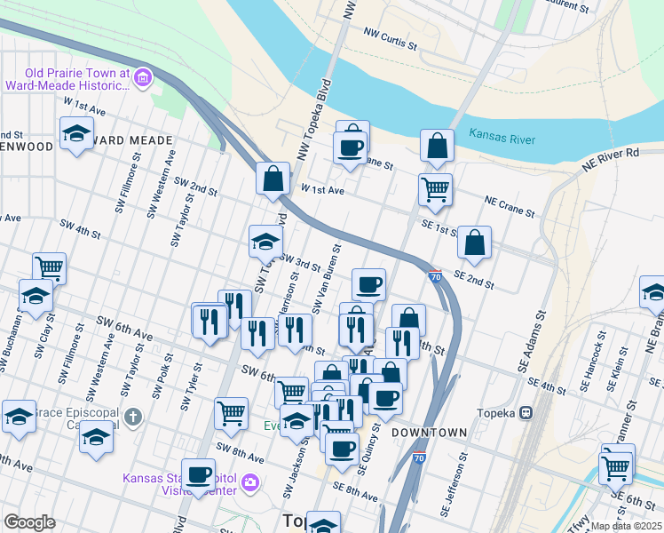 map of restaurants, bars, coffee shops, grocery stores, and more near 227 Southwest Van Buren Street in Topeka