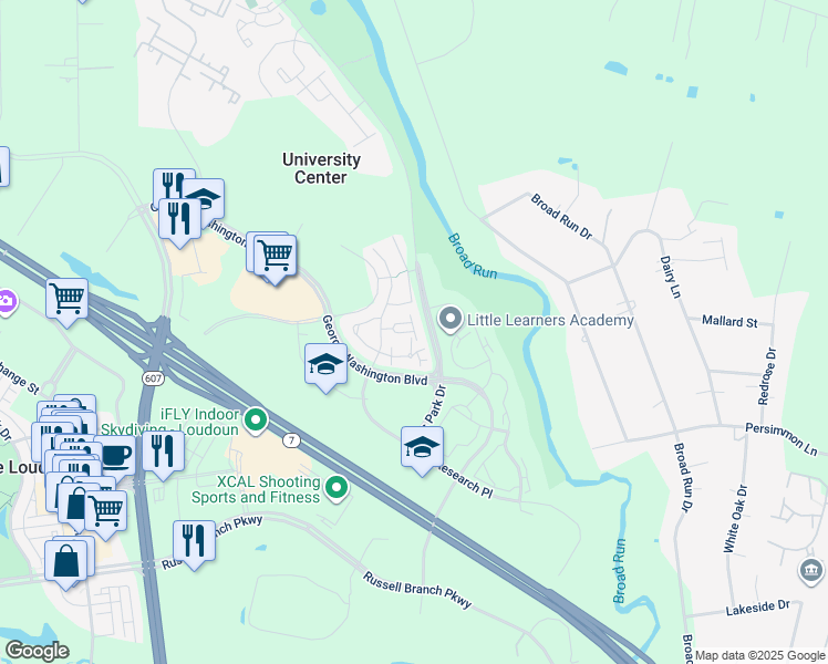 map of restaurants, bars, coffee shops, grocery stores, and more near 20211 Foothill Terrace in Ashburn