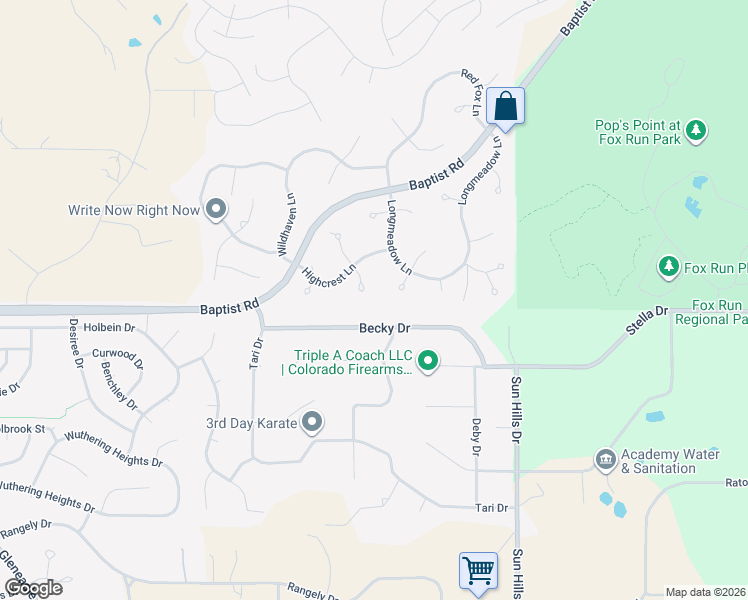 map of restaurants, bars, coffee shops, grocery stores, and more near 15565 Falcon Ridge Court in Colorado Springs